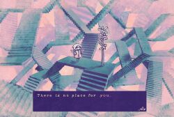  1girl alleesaur cloak closed_mouth commentary deformed dot_mouth english_commentary english_text expressionless haze highres hood hooded_cloak limited_palette original purple_background signpost stairs standing surreal very_wide_shot video_game_dialogue_box 