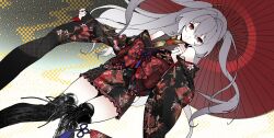  1girl atsuchi bare_shoulders black_boots black_kimono black_shirt boots closed_mouth commentary commission double-parted_bangs dutch_angle empty_eyes feet_out_of_frame floating_hair floral_print floral_print_kimono floral_print_shirt frilled_kimono frills gradient_hair grey_hair hair_between_eyes hair_intakes head_tilt high_collar highres holding holding_umbrella japanese_clothes kimono lace-up_boots long_sleeves looking_at_viewer multicolored_hair obi obijime off_shoulder oil-paper_umbrella original pale_skin print_kimono print_shirt purple_rope red_eyes red_kimono red_rope red_sash red_umbrella ringed_eyes rope sash second-party_source shirt shirt_under_kimono short_kimono sidelocks sleeveless sleeveless_shirt sleeves_past_wrists smile solo tassel thigh_boots two-sided_fabric two-tone_kimono umbrella wide_sleeves 