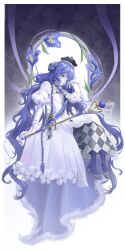  1girl absurdres argyle_clothes argyle_skirt arkria_hroptr blue_flower blue_hair border braid crown dress elbow_gloves flower flower_request full_body gloves hair_bun heterochromia highres holding holding_staff honkai_(series) honkai_gakuen juliet_sleeves long_hair long_sleeves looking_at_viewer nohemi pale_skin pantyhose puffy_sleeves sash side_braid side_up_bun single_braid solo staff very_long_hair white_border white_dress white_gloves yellow_eyes 