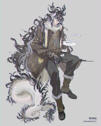  1boy absurdres alternate_costume arknights artist_request black_hair black_pants boots brown_boots brown_jacket brown_sweater character_name chinese_commentary closed_mouth commentary_request commission copyright_name dragon_boy dragon_horns dragon_tail eastern_dragon_horns eastern_dragon_tail full_body fur-tipped_tail fur-trimmed_boots fur_trim hair_between_eyes highres horns jacket long_hair long_sleeves looking_at_viewer male_focus multicolored_hair pants pointy_ears scarf second-party_source simple_background sitting smoke solo streaked_hair sweater tail wang_(arknights) white_hair white_scarf 