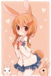  animal_ears braid bunny bunny_ears bunny_tail dennou_usagi hair_ornament heart holding looking_at_viewer orange_background orange_eyes orange_hair original plaid plaid_skirt rabbit rabbit_ears skirt solo tail twin_braids 