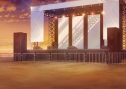  banner beach blue_archive clouds evening fence game_asset highres no_humans non-web_source ocean official_art orange_sky orange_theme outdoors railing ring_of_light_(blue_archive) sand scaffolding scenery screen sky speaker spotlight stage stage_lights sunset variant_set warm_colors 