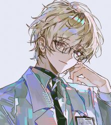  1boy absurdres black_necktie blonde_hair closed_mouth coat collared_shirt degrees_of_lewdity doctor glasses gravedescent hand_up harper_(degrees_of_lewdity) harper_(male)_(degrees_of_lewdity) head_rest head_tilt highres hue_shifting id_card lab_coat lapels layered_clothes layered_sleeves light_smile long_sleeves looking_at_viewer male_focus necktie notched_lapels portrait shirt short_hair simple_background solo violet_eyes white_background white_coat white_shirt 