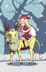  1girl bag bare_tree blonde_hair boots brown_boots capelet closed_mouth deer doctor_magus doctor_magus_4 dress golden_deer_(sekaiju) hat holding holding_bag long_hair looking_at_viewer monster outdoors red_capelet red_dress red_eyes riding ringlets santa_costume santa_hat sekaiju_no_meikyuu sekaiju_no_meikyuu_1 sekaiju_no_meikyuu_2 shadow smile snow tenjin tree 