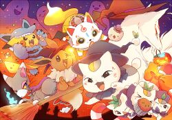  >_< animal animal_costume bow broom candy candy_cane cat eevee facial_mark fangs food forehead_mark glameow halloween kirikaze_(mugimikan) konnosuke madara_(natsume_yuujinchou) muffin natsume_yuujinchou no_humans nyanko-sensei open_mouth orange_bow pikachu pokemon pokemon_(creature) touken_ranbu wolf_costume 