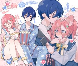  1boy 1girl arrow_(symbol) blue_eyes blue_hair blue_jacket blue_pajamas blue_pants blue_shirt blue_skirt blush bow bowtie brother_and_sister chibi chibi_inset closed_eyes collared_shirt commentary_request cup feeding food frilled_pillow frills hair_between_eyes hair_ornament hairclip hand_on_another's_arm hand_on_another's_cheek hand_on_another's_face hand_on_another's_head hetero highres himitsu_no_aipri holding holding_cup holding_food holding_pillow incest jacket long_hair mug multiple_views nanaura_otome nanaura_subaru necktie open_mouth pajamas pants pillow pink_eyes pink_hair pink_necktie planet_hair_ornament popcorn popcorn_bucket pretty_series print_pajamas purple_sweater_vest shirt short_hair siblings skirt sweater_vest translation_request white_shirt yellow_bow yellow_bowtie yuunagi_komo 