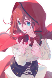  1girl absurdres anzu_(ensemble_stars!) apple black_corset blue_eyes brown_hair capelet clenched_hand collared_shirt corset cosplay cowboy_shot cross-laced_clothes cross-laced_corset crossed_bangs dreonya ensemble_stars! floating_cape food from_above fruit hair_between_eyes hand_on_own_chest highres holding holding_food holding_fruit hood hood_up hooded_capelet little_red_riding_hood_(fairy_tale_character) little_red_riding_hood_(fairy_tale_character)_(cosplay) long_sleeves looking_at_viewer medium_hair open_mouth red_capelet red_hood red_skirt shirt simple_background skirt white_background white_shirt 