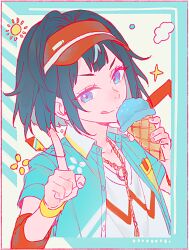  1boy :q black_hair blue_border blue_eyes blue_shirt blunt_ends bob_cut border center-flap_bangs clouds collarbone collared_shirt colored_inner_hair dreonya elbow_pads ensemble_stars! eyelashes highres holding holding_ice_cream_cone ice_cream_cone index_finger_raised jewelry looking_at_viewer male_focus multicolored_hair necklace o-ring open_clothes open_shirt outside_border pocket red_border rope_necklace sagiri_esu shirt short_sleeves solo sparkle streaked_hair striped_border sun tongue tongue_out v-shaped_eyebrows visor_cap white_background white_shirt wristband zig-zag_pattern 