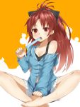  bare_legs barefoot bow breasts chemise cleavage feet food hair_bow hands_on_feet heirou ice_cream indian_style long_hair mahou_shoujo_madoka_magica off_shoulder open_clothes open_jacket open_mouth ponytail popsicle red_eyes red_hair redhead sakura_kyouko shorts sitting solo wide_ponytail 