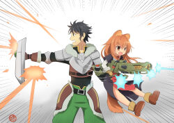  1boy 1girl adapted_costume alternate_eye_color animal_ear_fluff animal_ears ankle_boots arm_shield armor belt belted_jacket black_belt black_dress black_shirt boots breastplate brown_boots brown_eyes brown_gloves brown_hair brown_jacket chest_guard child collared_dress commentary_request cowboy_shot cropped_jacket dress elbow_gloves fang firing full_body fur-trimmed_armor fur_trim gloves green_pants grey_armor gun hand_up hands_up high_collar holding holding_gun holding_shield holding_weapon jacket layered_dress leather leather_jacket long_hair long_sleeves messy_hair open_mouth pants pauldrons raccoon_ears raccoon_girl raccoon_tail raphtalia raphtalia_(young) red_dress setia_pradipta shield shirt short_sleeves shoulder_armor simple_background tail tanuki tassets tate_no_yuusha_no_nariagari time_paradox two-tone_dress v-shaped_eyebrows watermark weapon weapon_request white_background white_dress white_fur yellow_trim 
