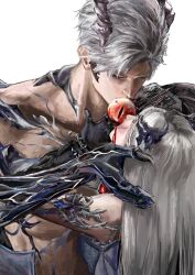  1boy 1girl absurdres armor artist_name asymmetrical_armor black_dress body_markings chinese_commentary commentary_request dress facing_another gauntlets grey_hair hair_ornament highres jacket jacket_on_shoulders kissing_object long_hair looking_at_another love_and_deepspace mu_yao_xi official_alternate_costume parted_bangs protagonist_(love_and_deepspace) red_eyes red_jacket short_hair simple_background sleeveless sleeveless_dress sleeves_rolled_up sylus_(love_and_deepspace) white_armor white_background 