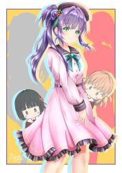  3girls beret black_hat cerise_bouquet chibi chibi_inset closed_mouth commentary dream_believers dress drop_shadow feet_out_of_frame flower frilled_dress frills fujishima_megumi green_eyes green_ribbon hair_bun hair_flower hair_ornament hasu_no_daisankaku hat highres hinoshita_kaho long_sleeves looking_at_viewer love_live! love_live!_hasu_no_sora_jogakuin_school_idol_club medium_dress momose_ginko multiple_girls neck_ribbon otomune_kozue outside_border pink_dress purple_hair red_flower ribbon side_ponytail signature silhouette single_side_bun smile solo_focus tassel tassel_hair_ornament umino_tsukina virtual_youtuber yugiri_tsuzuri 