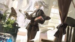  1girl absurdres au_ra black_capelet black_pantyhose black_shorts blue_eyes book bow bowtie capelet chair clock commission cowboy_shot curtains dragon_girl dragon_horns dragon_tail drawer final_fantasy final_fantasy_xiv floating floating_object grey_hair highres holding holding_book holding_quill horns jar looking_at_viewer mandragora_(final_fantasy) pantyhose pantyhose_under_shorts parted_lips phonograph ponytail quill scales scroll shikina_(mochigushi_) shirt shorts signature skeb_commission solo standing tail warrior_of_light_(ff14) white_shirt window 