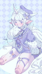 1girl 2026 :< absurdres animal_ears art_fight_attack beads beret blue_background blunt_bangs blush borrowed_character bow breasts closed_mouth colored_eyelashes commentary cross dated doll doll_joints earrings english_commentary feathered_wings feet_out_of_frame frilled_leotard frills frown gift_art grid_print hand_on_floor hand_up hat hat_bow hat_feather head_tilt heart heart_earrings heart_o-ring high_collar highres horns invisible_floor jewelry joints latin_cross leotard long_hair long_sleeves looking_at_viewer lunecifer multicolored_leotard o-ring o-ring_thigh_strap original pale_skin plaid_background print_hat puffy_long_sleeves puffy_sleeves purple_bow purple_hat purple_leotard sidelocks signature single_horn sitting sleeved_leotard sleeves_past_fingers sleeves_past_wrists small_breasts solo sparkle striped_clothes striped_leotard tareme thigh_strap two-tone_leotard vertical-striped_clothes vertical-striped_leotard very_long_hair violet_eyes wariza wavy_hair white_eyelashes white_hair white_leotard white_wings wings 