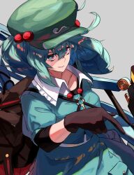  1girl ametonalu backpack bag black_gloves blue_eyes blue_hair blue_shirt blue_skirt brown_bag closed_mouth collared_shirt commentary cropped frilled_shirt_collar frilled_skirt frills gloves green_hat hair_bobbles hair_ornament hat highres kawashiro_nitori key looking_at_viewer newsboy_cap shirt skirt solo touhou 