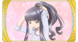  1girl black_hair blunt_bangs border cardcaptor_sakura daidouji_tomoyo frilled_shirt_collar frilled_sleeves frills hair_tie_in_mouth long_hair mouth_hold official_art ornate_border pink_background ponytail smile solo third-party_source tying_hair violet_eyes 
