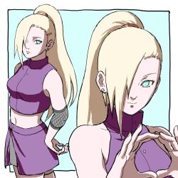  1girl bare_shoulders blonde_hair blue_background blue_eyes border breasts cowboy_shot cropped_vest earrings elbow_sleeve hair_ornament hair_over_one_eye hair_ribbon hairclip highres jewelry light_smile long_hair medium_breasts midriff miniskirt multiple_views naruto_(series) naruto_shippuuden own_hands_together ponytail purple_skirt purple_vest ribbon side_slit skirt solo stud_earrings upper_body uri_geikon vest white_border yamanaka_ino 