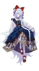 1girl absurdres blue_dress blue_eyes bow braid dress flower full_body hair_bow hair_flower hair_ornament highres honkai_(series) honkai_gakuen kneehighs layered_skirt long_hair long_sleeves mary_janes nohemi pale_skin print_dress shoes side_braid simple_background single_braid skirt socks solo very_long_hair weiss_(honkai_gakuen) white_background white_hair 
