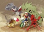  brown_hair hat kotone_(pokemon) pointing pokemon pokemon_trainer roserade rozerade scizor skarmory steelix thigh-highs thighhighs ttk_(ehohmaki) twintails tyranitar 