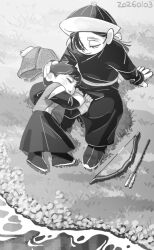  2boys arrow_(projectile) black_robe bow_(weapon) commentary_request grass guyuk_(tenmaku_no_jaadugar) hand_on_another's_head hand_on_ground hat kadak_(tenmaku_no_jaadugar) monochrome multiple_boys qingdai_guanmao robe shoes shore sitting sleeping sleeping_on_person tenmaku_no_jaadugar weapon yoshito_(adore) 