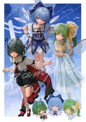  3girls :d alternate_costume antennae black_cape black_shorts blue_bow blue_dress blue_eyes blue_hair blush_stickers bow bowtie cape chibi chibi_inset chinese_commentary cirno closed_mouth collared_shirt commentary_request daiyousei detached_wings dress fairy fairy_wings full_body green_eyes green_hair hair_bow hands_on_own_hips highres ice ice_wings kofi-mo leg_up long_hair looking_at_viewer mary_janes multiple_girls neck_ribbon red_cape red_ribbon red_shoes ribbon sample_watermark shirt shoes short_hair shorts smile smug socks touhou two-sided_cape two-sided_fabric watermark white_shirt white_socks wings wriggle_nightbug yellow_bow yellow_bowtie 