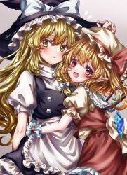  2girls :d apron back_bow black_hat black_skirt black_vest blonde_hair blush bow braid collared_shirt commentary_request crystal crystal_wings fang flandre_scarlet frilled_shirt_collar frilled_skirt frilled_wrist_cuffs frills hair_bow hat hat_bow hat_ribbon highres hug kirisame_marisa long_hair looking_at_viewer mob_cap multicolored_wings multiple_girls one_side_up open_mouth pointy_ears puffy_short_sleeves puffy_sleeves red_eyes red_skirt red_vest red_wrist_cuffs ribbon shirt short_sleeves side_braid single_braid skirt skirt_set smile touhou tsumutsumugi twitter_username vest waist_apron white_apron white_bow white_shirt wings witch_hat wrist_cuffs yellow_bow yellow_eyes yellow_hat yellow_shirt yuri 