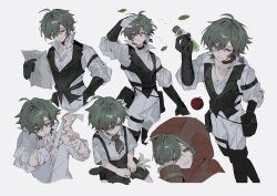  absurdres aged_down alcohol alternate_costume arm_up bandage_in_mouth bandages belt_pouch black_boots black_gloves black_vest boots buttons child collarbone collared_shirt commentary cropped_legs cup double-parted_bangs flower genshin_impact gloves hair_between_eyes hair_intakes hand_on_own_hip highres holding holding_bandages holding_flower holding_paper holding_test_tube hood hood_up injury john_m lily_(flower) lohen_(genshin_impact) lohen_(standardized_test)_(genshin_impact) male_focus mug multiple_views neckerchief official_alternate_costume open_clothes open_shirt pants paper pinstripe_pattern pinstripe_vest pouch red_hood sailor_collar shirt short_hair shorts suspenders tankard test_tube vest white_background white_flower white_pants white_sailor_collar 