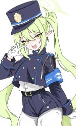  13nonaigdaz 1girl armband blue_archive blue_armband blue_jacket blue_shorts buttons commentary_request double-breasted earrings gloves green_hair green_halo halo hat highres jacket jewelry keyring long_hair long_sleeves looking_at_viewer nozomi_(blue_archive) open_mouth pantyhose pantyhose_under_shorts peaked_cap pointy_ears shirt shorts simple_background smile solo tail train_conductor twintails white_background white_gloves white_pantyhose white_shirt yellow_eyes 