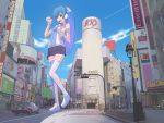  aqua_eyes aqua_hair cityscape giant giantess guitar_(artist) hatsune_miku headphones highres long_hair looking_at_viewer necktie real_world_location shibuya_(tokyo) shibuya_109 sky smile solo thigh-highs thighhighs tokyo_(city) twintails very_long_hair vocaloid zettai_ryouiki 