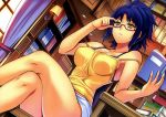  adjusting_hair bare_legs bare_shoulders blue_hair blush book breasts camisole character_request cleavage crossed_legs dutch_angle freezing freezing_(series) glasses highres julia_munberk kim_kwang_hyun legs_crossed lipstick makeup ponytail red-framed_glasses scan semi-rimless_glasses short_shorts shorts sitting solo yellow_eyes 