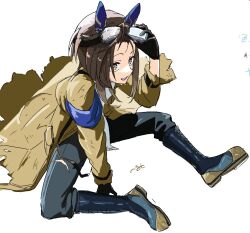  1girl animal_ears black_boots black_gloves black_hair black_pants boots brown_eyes brown_hair coat commentary_request ear_covers gloves goggles goggles_around_neck goggles_on_head hair_between_eyes herushi_shiko highres horse_ears horse_girl long_hair multicolored_hair open_mouth pants shirt sitting smile solo stay_gold_(sunlit_outsider)_(umamusume) stay_gold_(umamusume) umamusume white_hair white_shirt yellow_coat 