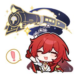  ! 1girl astral_express_(honkai:_star_rail) cape chibi chibi_only closed_eyes himeko_(honkai:_star_rail) himeko_(nova)_(honkai:_star_rail) honkai:_star_rail honkai_(series) index_finger_raised long_hair official_art open_mouth red_cape red_hair smile solo spoken_exclamation_mark 