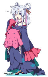  1girl :o ;o animal_request aqua_boots bare_shoulders black_boots black_kimono blue_eyes blue_skin blush boots breasts cho_kaguya-hime! collarbone colored_skin commentary_request dated dress full_body hair_ornament hair_rings hair_stick hand_up high_heel_boots high_heels highres japanese_clothes kimono long_hair looking_ahead multicolored_boots multicolored_skin off_shoulder one_eye_closed open_mouth purple_dress purple_ribbon ribbon ribbon-trimmed_sleeves ribbon_trim runami_yachiyo runami_yachiyo_(tsukuyomi) shikei signature simple_background sleepy sleeves_past_fingers sleeves_past_wrists small_breasts smile solo standing watermark white_background white_hair wide_sleeves yawning yellow_boots 
