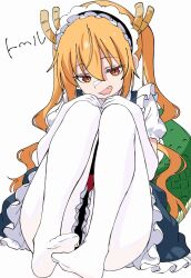  1girl barusu_illust blonde_hair commentary_request dragon_girl dragon_horns dragon_tail dress elbow_gloves fang feet frilled_dress frills gloves hair_between_eyes highres horns knees_up kobayashi-san_chi_no_maidragon long_hair looking_at_viewer maid maid_headdress no_shoes open_mouth orange_eyes orange_hair pantyhose puffy_short_sleeves puffy_sleeves red_eyes scales short_sleeves simple_background sitting slit_pupils smile solo tail tohru_(maidragon) twintails white_background white_gloves white_pantyhose 