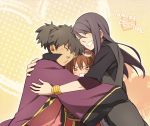  blush bracelet brown_hair goggles grin hug jewelry long_hair ponytail raven raven_(tov) rita_mordio sabo_(fuya_2) smile tales_of_(series) tales_of_vesperia yuri_lowell 