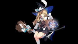  1girl artist_request black_background black_necktie blonde_hair broom broom_riding brown_vest grin hat highres kirisame_marisa long_hair long_sleeves looking_at_viewer necktie one_eye_closed shirt sidesaddle skirt smile solo star_(symbol) touhou vest white_shirt witch_hat yellow_eyes 