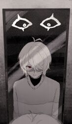  1other commentary deltarune full-length_mirror hair_over_one_eye highres kris_(deltarune) luvvly_u mirror other_focus red_eyes reflection short_hair single_horizontal_stripe solo spot_color striped_clothes striped_sweater sweater untranslatable_commentary utdr_(toby_fox) 
