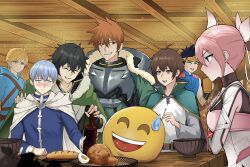  1girl 6+boys :d ^_^ arm_under_breasts bare_arms bare_shoulders belted_jacket black_hair black_shirt blonde_hair blue_eyes blue_hair blue_hoodie blue_jacket blue_vest blush bottle bowl bread breasts brown_dress brown_eyes brown_gloves brown_hair brown_jacket capelet character_request check_character check_clothing chest_guard chicken_(food) cloak closed_eyes clothing_request collared_capelet collared_dress collared_jacket collared_shirt collared_vest commentary_request cropped_jacket crossover dragon_quest dress drunk emoji fingerless_gloves food fried_chicken fur-trimmed_collar fur-trimmed_gloves fur_trim glass_bottle gloves gold_trim green_capelet green_cloak green_eyes green_jacket grey_armor grey_eyes grin grinning_face_with_sweat_emoji hair_between_eyes hand_on_another's_shoulder hardboiled_egg hero_(dq3) high_collar highres himmel_(sousou_no_frieren) holding holding_bottle hood hoodie indoors iwatani_naofumi jacket kono_subarashii_sekai_ni_shukufuku_wo! light_blush link long_sleeves looking_at_another magical_girl messy_hair multicolored_dress multiple_boys nose_blush open_mouth pink_dress pink_hair rance rance_(series) roto_(dq3) satou_kazuma scar scar_on_face shirt short_hair sidelocks sitting small_breasts smile sousou_no_frieren tate_no_yuusha_no_nariagari tavern the_legend_of_zelda the_legend_of_zelda:_breath_of_the_wild upper_body vambraces vest white_cloak white_dress white_shirt white_trim yellow_trim yi_xun_hiro yuuki_yuuna yuuki_yuuna_wa_yuusha_de_aru yuusha_de_aru 