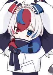  1girl :o ahoge arms_up blue_streaks blush_stickers bright_pupils commentary_request heart_arms heterochromia highres inu_meinakadesu jacket kokkimusume long_sleeves looking_at_viewer multicolored_hair red_streaks simple_background solo south_korea_(ppfjvdjudk54073) streaked_hair upper_body white_background white_hair white_jacket white_pupils 