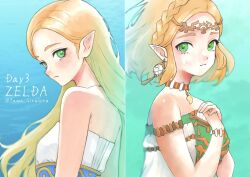  2girls armlet bare_shoulders bead_armlet bead_bracelet beads blue_background bracelet braid breasts character_name circlet copyright_name crown_braid dress earrings facial_mark green_background green_eyes highres jewelry light_smile long_hair looking_at_viewer magatama magatama_necklace medium_breasts multiple_girls necklace own_hands_together parted_bangs pointy_ears portrait princess_zelda short_hair sidelocks strapless strapless_dress teardrop_facial_mark the_legend_of_zelda the_legend_of_zelda:_breath_of_the_wild the_legend_of_zelda:_tears_of_the_kingdom twintails upper_body white_dress yama_giragira 