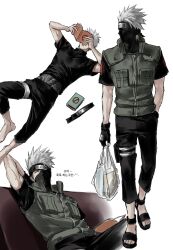  1boy arms_behind_head bag barefoot black_gloves black_pants black_sandals black_shirt book couch fingerless_gloves fishnet_top fishnets flak_jacket forehead_protector full_body gloves grocery_bag hatake_kakashi highres holding holding_bag holding_book icha_icha_(naruto) invisible_floor jacket konohagakure_symbol korean_text lying male_focus multiple_views naruto_(series) on_back on_couch on_floor pants plastic_bag sandals shirt shopping_bag short_hair simple_background sitting sso_s standing translation_request white_background white_hair 