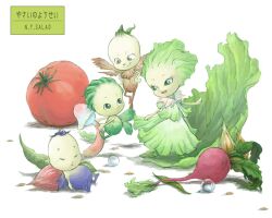  1girl 3boys blue_hair brown_wings brussels_sprout brussels_sprout_(yasai_no_yousei) child closed_mouth colored_skin commentary_request copyright_name dress flying food_as_clothes garlic garlic_(yasai_no_yousei) green_bean green_dress green_eyes green_hair green_skin green_wings lettuce lettuce_(yasai_no_yousei) looking_at_viewer looking_back mini_person miniboy minigirl multiple_boys mushroom open_mouth personification radish short_hair short_sleeves smile standing sumi_no_hito tomato very_short_hair white_background white_eggplant_(yasai_no_yousei) wings yasai_no_yousei_-_n.y._salad 