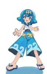 1girl :d absurdres bare_arms black_one-piece_swimsuit black_sandals blue_eyes blue_hair blue_pants bright_pupils commentary_request hairband happy highres kuangketi lana_(pokemon) looking_down medium_hair one-piece_swimsuit open_mouth pants pokemon pokemon_sun_and_moon sandals shirt sleeveless sleeveless_shirt smile solo standing swimsuit wave_print white_background white_pupils white_shirt yellow_hairband 