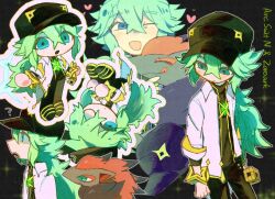  1boy ? aqua_eyes black_hat character_name chibi chibi_inset commentary_request furry green_hair hat heart male_focus multiple_views n_(arc_suit)_(pokemon) n_(pokemon) official_alternate_costume one_eye_closed open_mouth pokemon pokemon_(creature) pokemon_masters_ex shungiku_hot_pot_(pkmn_96) zoroark 