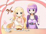  :&lt; :d apron baking bangs blonde_hair blue_eyes blush bow bowl breasts cattleya_(pokemon) chocolate cleavage dated elite_four fingers flat_chest food glasses heart highres index_finger_raised long_hair multiple_girls nintendo open_mouth orange_eyes parted_bangs pointing pointing_up poke_ball pokemon pokemon_(game) pokemon_bw purple_hair raised_finger ribbon rimless_glasses shikimi_(pokemon) short_hair smile twintails valentine yuu_(7862260010) 