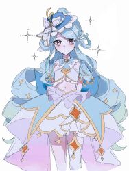  1girl aqua_capelet arms_behind_back blue_hair blue_hat boater_hat brooch capelet commentary_request crystalljelly cure_eclair frilled_tube_top frills hat hat_ornament heart heart_brooch highres howa_kurea impossible_hair jewelry long_hair magical_girl meitantei_precure! navel orange_eyes precure single_thighhigh solo strapless thigh-highs tube_top very_long_hair 