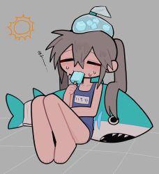  1girl =_= blush closed_eyes food grey_hair hair_between_eyes highres ice ice_bag ichika-chan_(iiiichimaru_03) iiiichimaru_03 long_hair one-piece_swimsuit popsicle shark simple_background sitting solo stuffed_animal stuffed_shark stuffed_toy sun sweat swimsuit translation_request twintails 