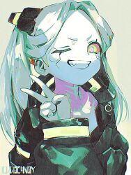  1girl aqua_hair artist_name black_jacket body_markings colored_sclera cyberpunk:_edgerunners cyberpunk_(series) facial_mark grey_background grin headgear jacket l1m3candy long_hair one_eye_closed parted_bangs pink_pupils rebecca_(cyberpunk) red_sclera short_eyebrows smile solo teeth twintails upper_body v yellow_eyes 