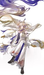  1girl absurdres arknights bare_shoulders black_boots blonde_hair blue_hair boots closed_mouth colored_extremities crossed_legs dragon_girl dragon_horns dragon_tail earrings eastern_dragon_horns eastern_dragon_tail ezumly floating_hair full_body grey_hair hair_between_eyes hair_floating_upwards hair_intakes highres horns invisible_chair jewelry long_hair long_sleeves multicolored_hair necklace pants pointy_ears shu_(arknights) sitting solo strapless tail tube_top very_long_hair white_background white_pants white_tube_top yellow_hands 