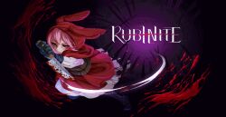  animal_ears animal_hood black_gloves blood blood_on_knife blouse copyright_name dress fake_animal_ears fighting_stance floating_blood gloves hair_between_eyes highres hood jumping knife long_dress long_sleeves looking_at_viewer mary_janes official_art pantyhose petticoat pink_hair purple_background rabbit_hood red_dress red_eyes red_hood rubinite running shirt shoes short_hair sidelocks slashing 